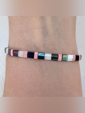 Pink/blue/white beaded stackable Bracelet. Glass Tila Fiat Beads.Handmade. GIFT!